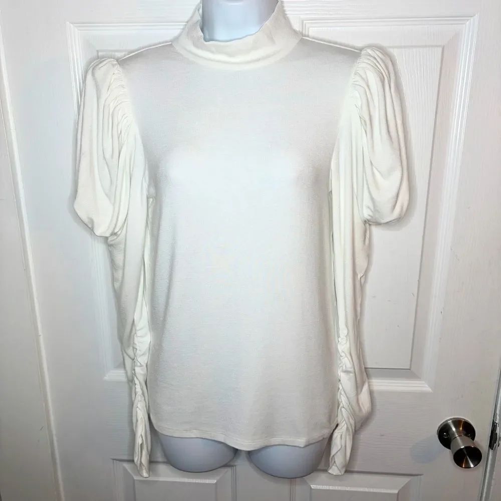 Rebecca Taylor Port Mutton-Sleeve Mock Neck Top White Cotton Blend Long Sleeve M - Picture 5 of 12